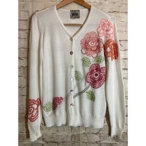 Curio Cottage Sweater Womens Large White‎ Hand Embroidered Button Front Cardigan